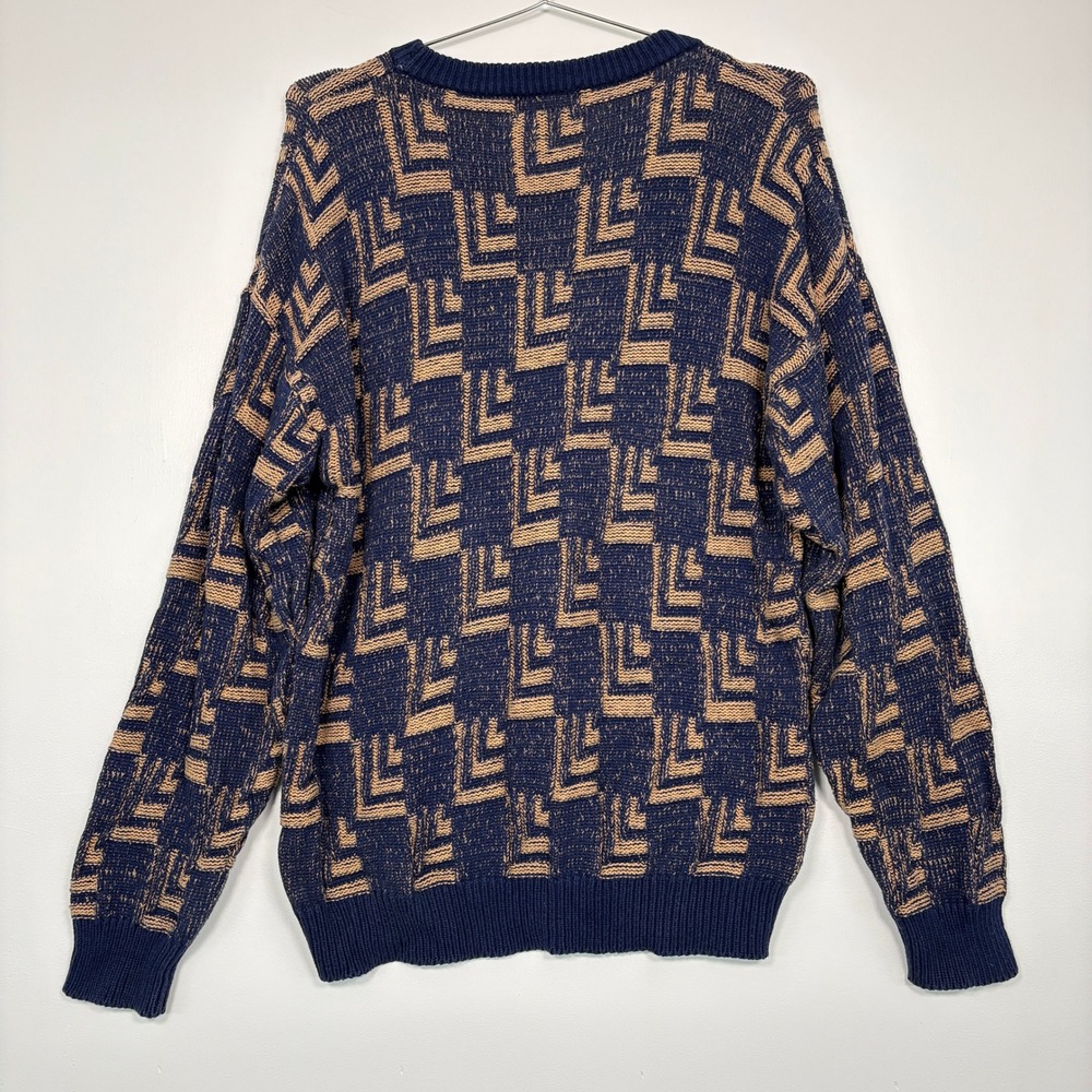 Christian Dior Mens Sweater Sz L Blue Tan Geometric Cotton Intarsia Knit Vintage - Picture 3 of 11